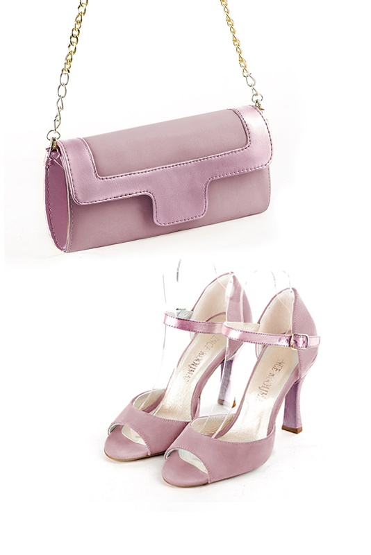 Dusty rose pink matching sandals, clutch and . Worn view - Florence KOOIJMAN